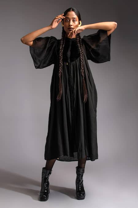 JAYATI GOENKA Black Chanderi, Cotton Satin Noir Moonlit Velvet Applique Yoke Midi Dress at Aza Fashions JAYATI GOENKA_Black Chanderi, Cotton Satin Noir Moonlit Velvet Applique Yoke Midi Dress _at_Aza_Fashions