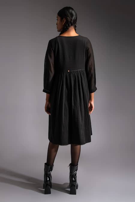 Shop JAYATI GOENKA Black Chanderi, Cotton Satin V-neck Nomad Buttoned Yoke A-line Empire Dress at Aza Fashions Shop_JAYATI GOENKA_Black Chanderi, Cotton Satin V-neck Nomad Buttoned Yoke A-line Empire Dress _at_Aza_Fashions