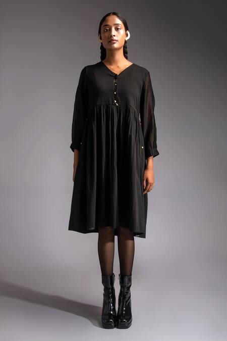 JAYATI GOENKA Black Chanderi, Cotton Satin V-neck Nomad Buttoned Yoke A-line Empire Dress Online at Aza Fashions JAYATI GOENKA_Black Chanderi, Cotton Satin V-neck Nomad Buttoned Yoke A-line Empire Dress _Online_at_Aza_Fashions