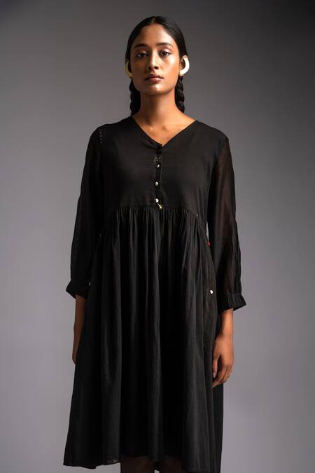 Buy JAYATI GOENKA Black Chanderi, Cotton Satin V-neck Nomad Buttoned Yoke A-line Empire Dress Online at Aza Fashions Buy_JAYATI GOENKA_Black Chanderi, Cotton Satin V-neck Nomad Buttoned Yoke A-line Empire Dress _Online_at_Aza_Fashions