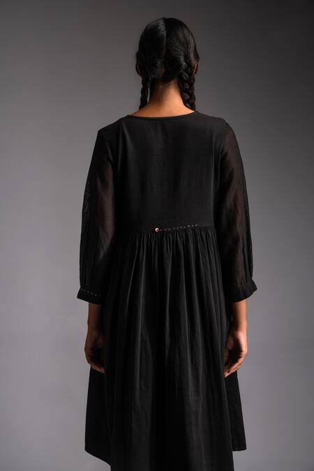 Shop JAYATI GOENKA Black Chanderi, Cotton Satin V-neck Nomad Buttoned Yoke A-line Empire Dress Online at Aza Fashions Shop_JAYATI GOENKA_Black Chanderi, Cotton Satin V-neck Nomad Buttoned Yoke A-line Empire Dress _Online_at_Aza_Fashions