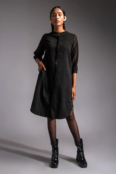 Jayati Goenka Black Cotton Satin Solid Mandarin Collar Noir Celestial Shirt Dress 