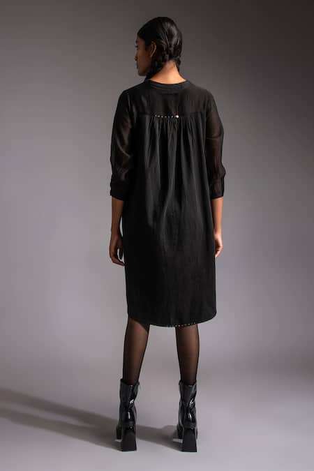 Shop JAYATI GOENKA Black Cotton Satin Mandarin Collar Noir Celestial Solid Shirt Dress at Aza Fashions Shop_JAYATI GOENKA_Black Cotton Satin Mandarin Collar Noir Celestial Solid Shirt Dress _at_Aza_Fashions