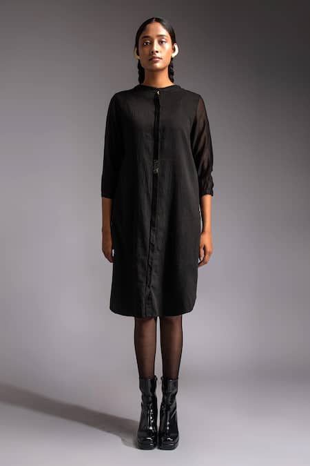 JAYATI GOENKA Black Cotton Satin Mandarin Collar Noir Celestial Solid Shirt Dress Online at Aza Fashions JAYATI GOENKA_Black Cotton Satin Mandarin Collar Noir Celestial Solid Shirt Dress _Online_at_Aza_Fashions