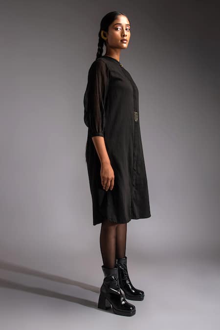 Buy JAYATI GOENKA Black Cotton Satin Mandarin Collar Noir Celestial Solid Shirt Dress Online at Aza Fashions Buy_JAYATI GOENKA_Black Cotton Satin Mandarin Collar Noir Celestial Solid Shirt Dress _Online_at_Aza_Fashions
