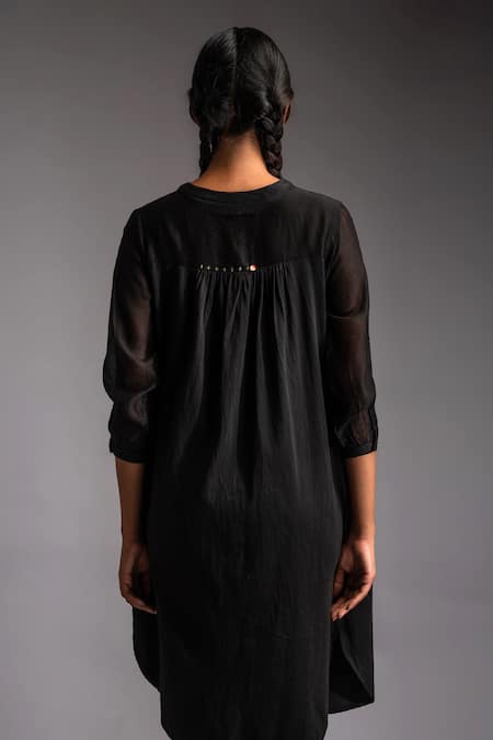 Shop JAYATI GOENKA Black Cotton Satin Mandarin Collar Noir Celestial Solid Shirt Dress Online at Aza Fashions Shop_JAYATI GOENKA_Black Cotton Satin Mandarin Collar Noir Celestial Solid Shirt Dress _Online_at_Aza_Fashions