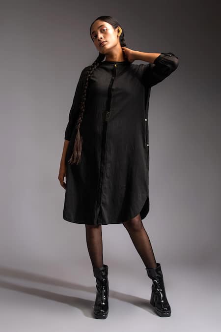 JAYATI GOENKA Black Cotton Satin Mandarin Collar Noir Celestial Solid Shirt Dress at Aza Fashions JAYATI GOENKA_Black Cotton Satin Mandarin Collar Noir Celestial Solid Shirt Dress _at_Aza_Fashions