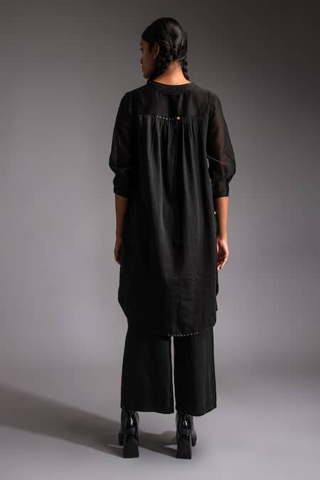 Shop JAYATI GOENKA Black Cotton Satin Mandarin Collar Noir Celestial Solid Kurta With Trouser at Aza Fashions Shop_JAYATI GOENKA_Black Cotton Satin Mandarin Collar Noir Celestial Solid Kurta With Trouser _at_Aza_Fashions