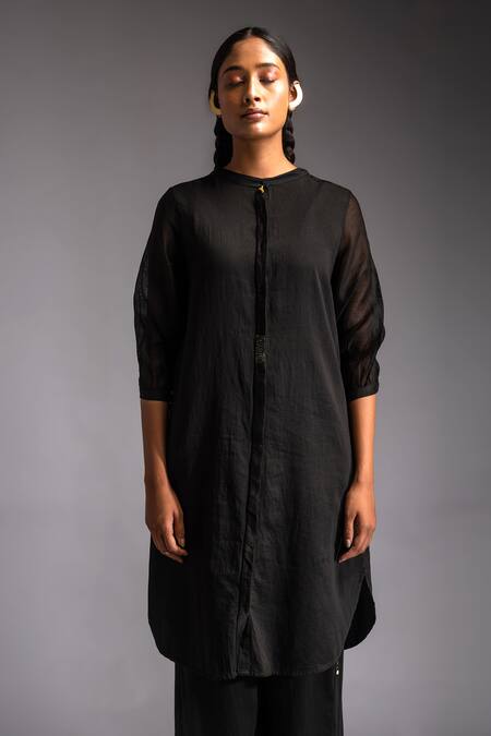 Buy JAYATI GOENKA Black Cotton Satin Mandarin Collar Noir Celestial Solid Kurta With Trouser Online at Aza Fashions Buy_JAYATI GOENKA_Black Cotton Satin Mandarin Collar Noir Celestial Solid Kurta With Trouser _Online_at_Aza_Fashions