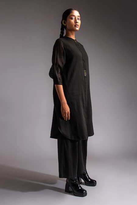 Shop JAYATI GOENKA Black Cotton Satin Mandarin Collar Noir Celestial Solid Kurta With Trouser Online at Aza Fashions Shop_JAYATI GOENKA_Black Cotton Satin Mandarin Collar Noir Celestial Solid Kurta With Trouser _Online_at_Aza_Fashions