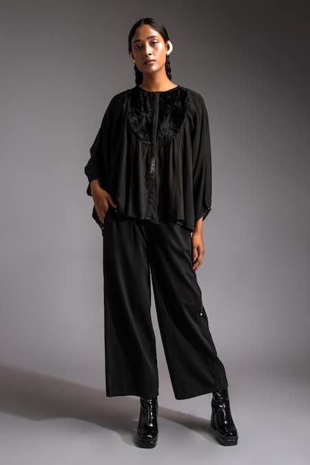 Jayati Goenka Black Cotton Satin Applique Velvet High Round Neck Yoke Blouson Top With Trouser 