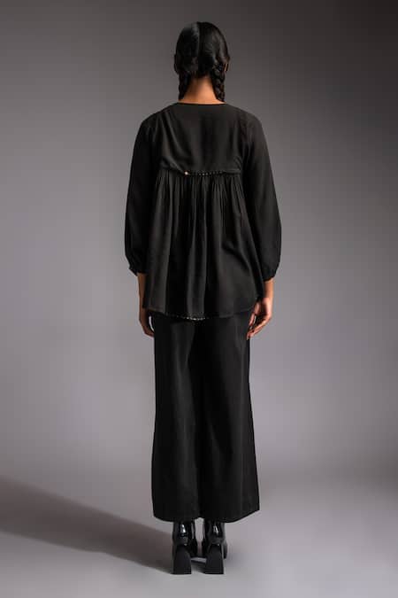 Shop_JAYATI GOENKA_Black Velvet, Cotton Satin Embroidery Applique Yoke Blouson Top With Trouser _at_Aza_Fashions