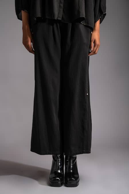 JAYATI GOENKA_Black Velvet, Cotton Satin Embroidery Applique Yoke Blouson Top With Trouser _Online_at_Aza_Fashions