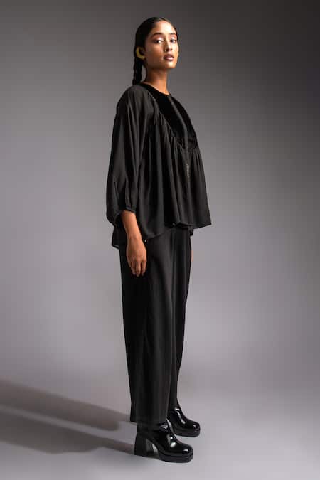 Buy_JAYATI GOENKA_Black Velvet, Cotton Satin Embroidery Applique Yoke Blouson Top With Trouser _Online_at_Aza_Fashions
