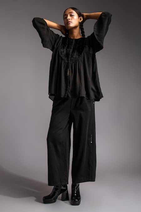 Shop_JAYATI GOENKA_Black Velvet, Cotton Satin Embroidery Applique Yoke Blouson Top With Trouser _Online_at_Aza_Fashions
