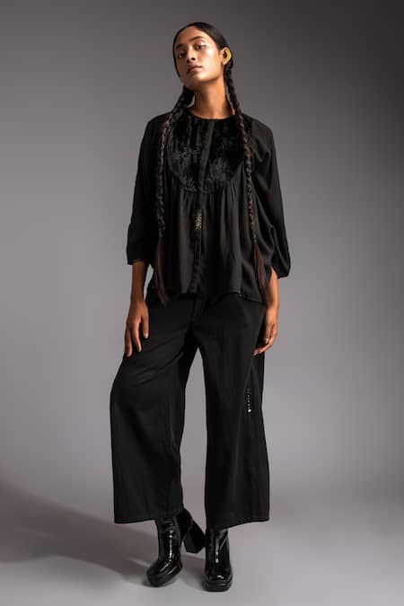 JAYATI GOENKA_Black Velvet, Cotton Satin Embroidery Applique Yoke Blouson Top With Trouser _at_Aza_Fashions
