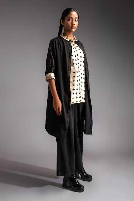 Shop JAYATI GOENKA Black Satin, Embroidery Mandarin Venus Overlay Jacket And Pant Set Online at Aza Fashions Shop_JAYATI GOENKA_Black Satin, Embroidery Mandarin Venus Overlay Jacket And Pant Set _Online_at_Aza_Fashions