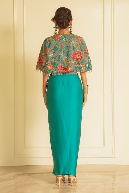 Shop_Vesture_Green Organza, Satin, Silk Beautiful Bloom Crop Jacket And Draped Skirt Set _at_Aza_Fashions