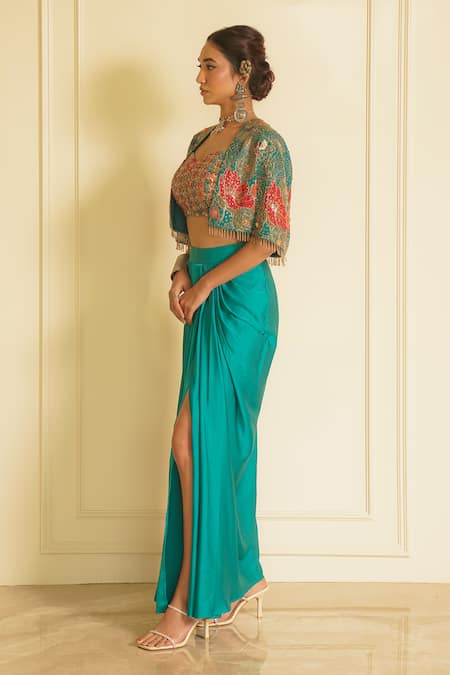 Vesture_Green Organza, Satin, Silk Beautiful Bloom Crop Jacket And Draped Skirt Set _Online_at_Aza_Fashions