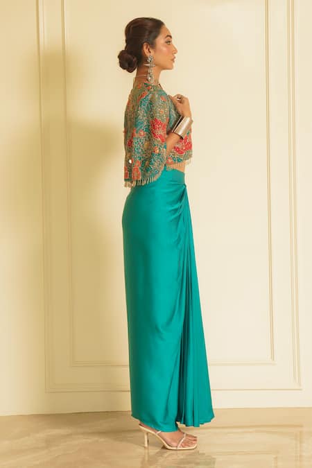 Buy_Vesture_Green Organza, Satin, Silk Beautiful Bloom Crop Jacket And Draped Skirt Set _Online_at_Aza_Fashions