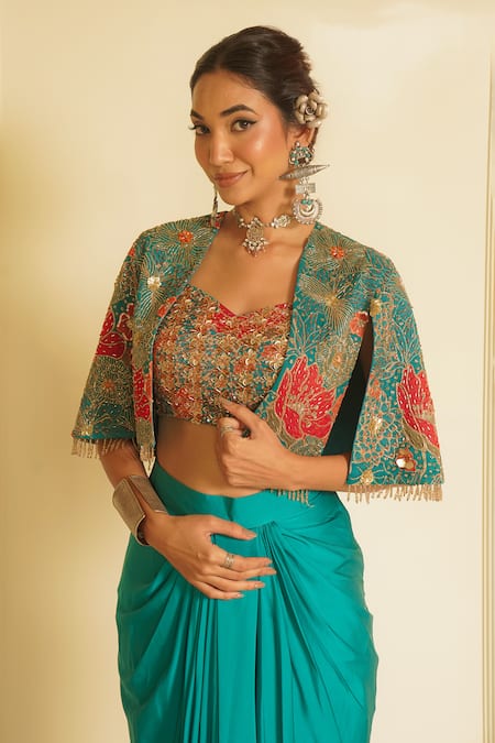 Shop_Vesture_Green Organza, Satin, Silk Beautiful Bloom Crop Jacket And Draped Skirt Set _Online_at_Aza_Fashions