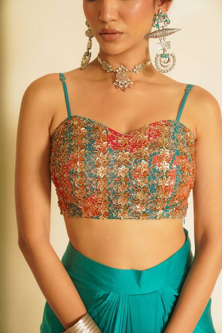 Vesture_Green Organza, Satin, Silk Beautiful Bloom Crop Jacket And Draped Skirt Set _at_Aza_Fashions