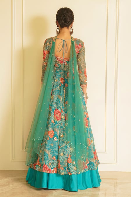 Shop_Vesture_Green Organza, Net, Acrylic Embroidery, Fragrant Forest Anarkali Lehenga Set _at_Aza_Fashions