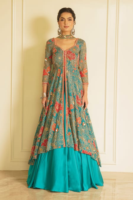 Vesture_Green Organza, Net, Acrylic Embroidery, Fragrant Forest Anarkali Lehenga Set _Online_at_Aza_Fashions