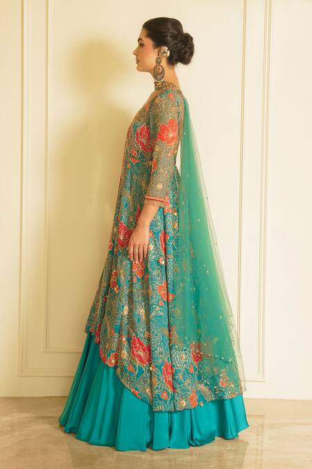 Buy_Vesture_Green Organza, Net, Acrylic Embroidery, Fragrant Forest Anarkali Lehenga Set _Online_at_Aza_Fashions