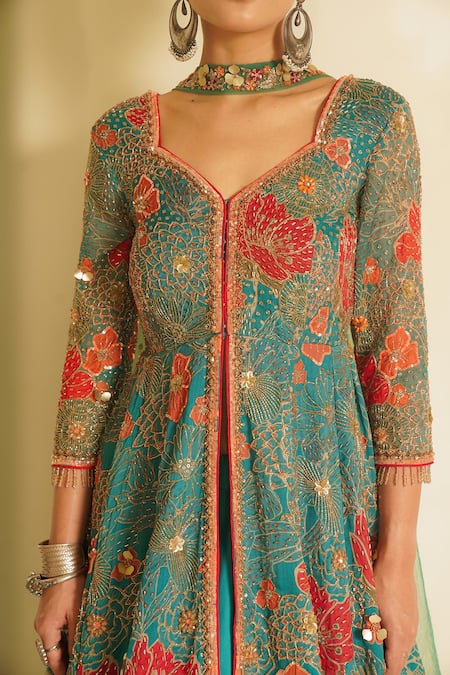 Shop_Vesture_Green Organza, Net, Acrylic Embroidery, Fragrant Forest Anarkali Lehenga Set _Online_at_Aza_Fashions