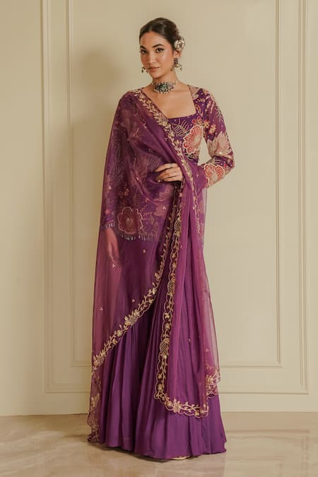 Vesture Purple Crepe Print Beads Floral Cutdana Embroidered Short Kurta And Sharara Set 