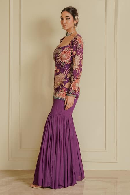 Vesture_Purple Organza, Crepe Crystals, Cut Floral Cutdana Short Kurta And Sharara Set _Online_at_Aza_Fashions