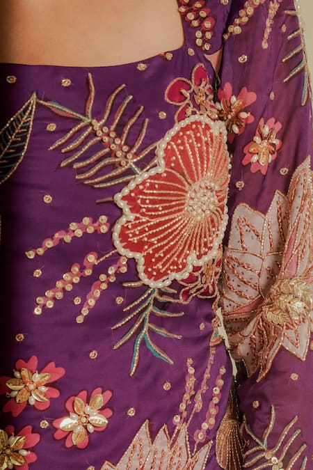 Shop_Vesture_Purple Organza, Crepe Crystals, Cut Floral Cutdana Short Kurta And Sharara Set _Online_at_Aza_Fashions