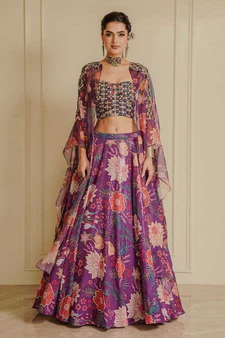 Vesture Purple Organza Print Crystals Sweetheart Fairy Flower Embroidered Lehenga Set 