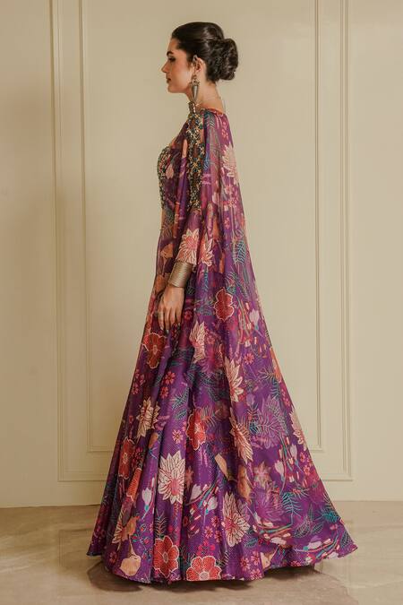 Vesture Purple Organza Print Crystals Sweetheart Fairy Flower Embroidered Lehenga Set  3