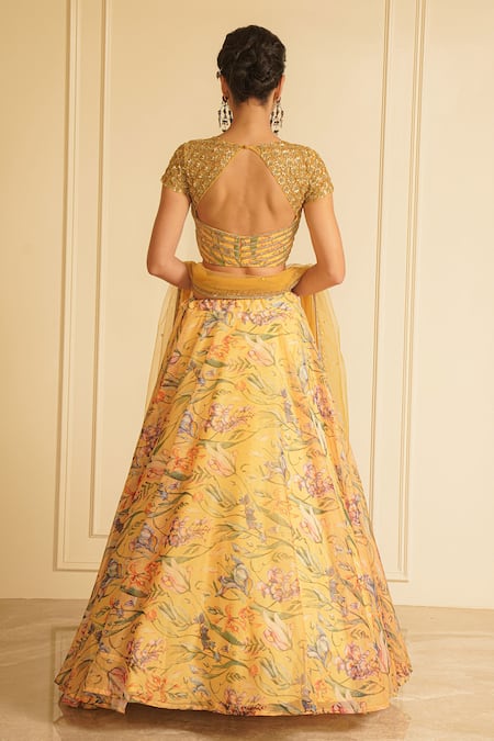 Shop_Vesture_Yellow Organza, Net Sequins, Crystals, Marigold Magic Embroidered Lehenga Set _at_Aza_Fashions