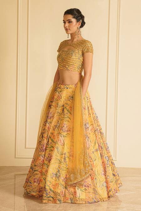 Vesture_Yellow Organza, Net Sequins, Crystals, Marigold Magic Embroidered Lehenga Set _Online_at_Aza_Fashions