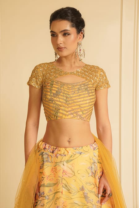 Buy_Vesture_Yellow Organza, Net Sequins, Crystals, Marigold Magic Embroidered Lehenga Set _Online_at_Aza_Fashions