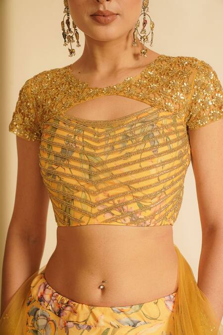 Shop_Vesture_Yellow Organza, Net Sequins, Crystals, Marigold Magic Embroidered Lehenga Set _Online_at_Aza_Fashions