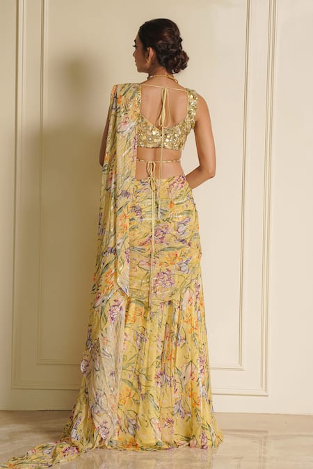 Vesture Daisy Dream Embroidered Pre-Draped Saree With Blouse 