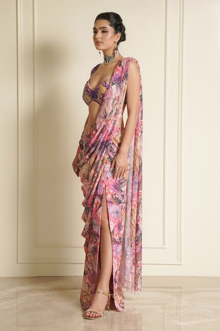 Vesture_Multi Color Georgette Zinnia Zest Floral Print Pre-draped Saree With Blouse _Online_at_Aza_Fashions