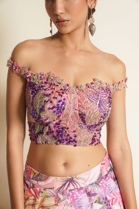 Buy_Vesture_Multi Color Organza, Silk Starflower Sprinkles Embroidered Kalidar Lehenga Set _Online_at_Aza_Fashions