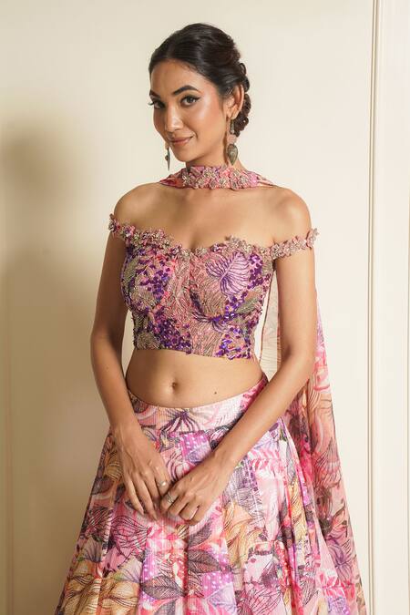 Shop_Vesture_Multi Color Organza, Silk Starflower Sprinkles Embroidered Kalidar Lehenga Set _Online_at_Aza_Fashions