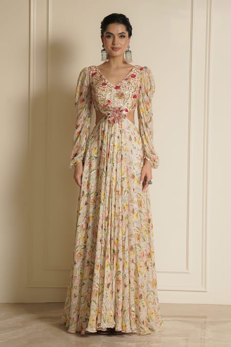 Vesture Daisy Delights Floral Embroidered Cutout Gown 