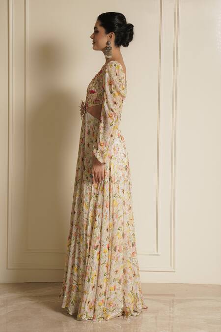 Vesture_White Chiffon Beads, Sequins, Daisy Delights Floral Embroidered Cutout Gown _Online_at_Aza_Fashions