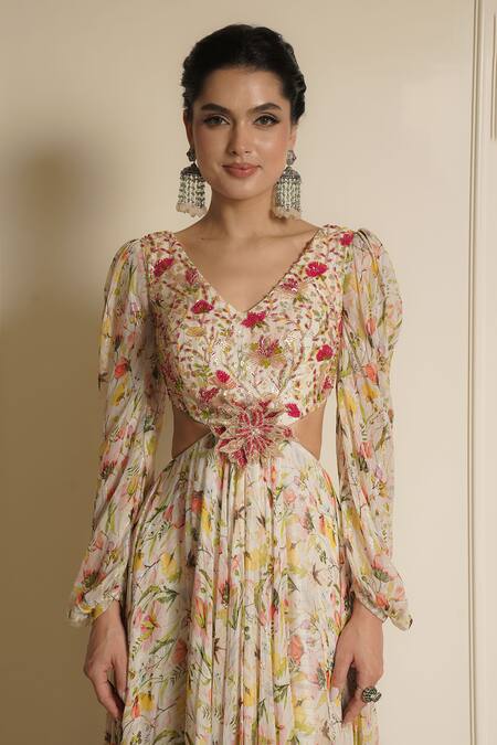 Buy_Vesture_White Chiffon Beads, Sequins, Daisy Delights Floral Embroidered Cutout Gown _Online_at_Aza_Fashions