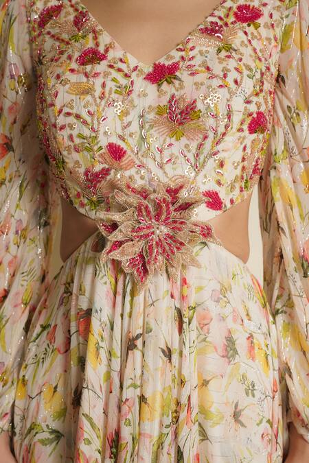 Shop_Vesture_White Chiffon Beads, Sequins, Daisy Delights Floral Embroidered Cutout Gown _Online_at_Aza_Fashions
