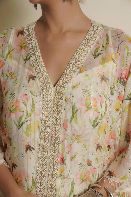 Buy_Vesture_White Chiffon Beads, Petal Perfection Print Asymmetric Kaftan With Palazzo _Online_at_Aza_Fashions
