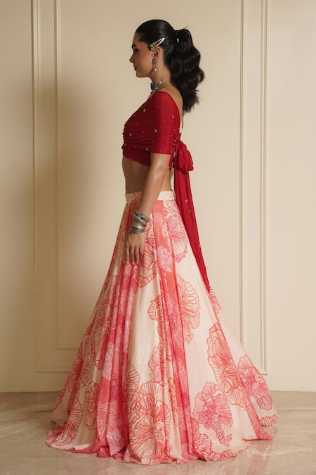 Vesture_Cream Crepe Embroidery, Beads, Pearls Floral Fusion Print Lehenga With Blouse _Online_at_Aza_Fashions