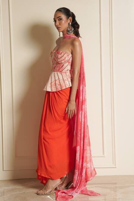 Vesture_Cream Crepe, Chiffon Sequins, Cosmos Crush Floral Embroidered Draped Skirt Set _Online_at_Aza_Fashions